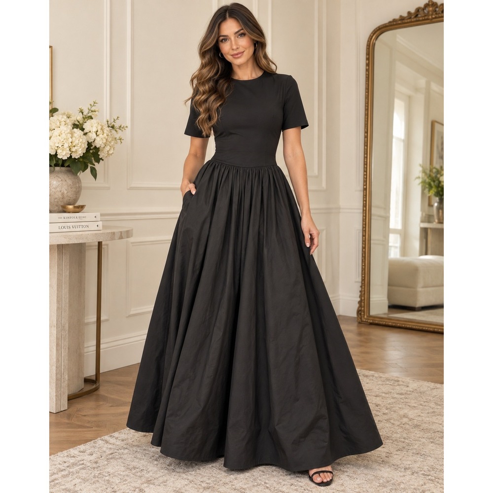 Alexia Admor Black Short Sleeve Mixed Media Maxi Dress D5261 XS